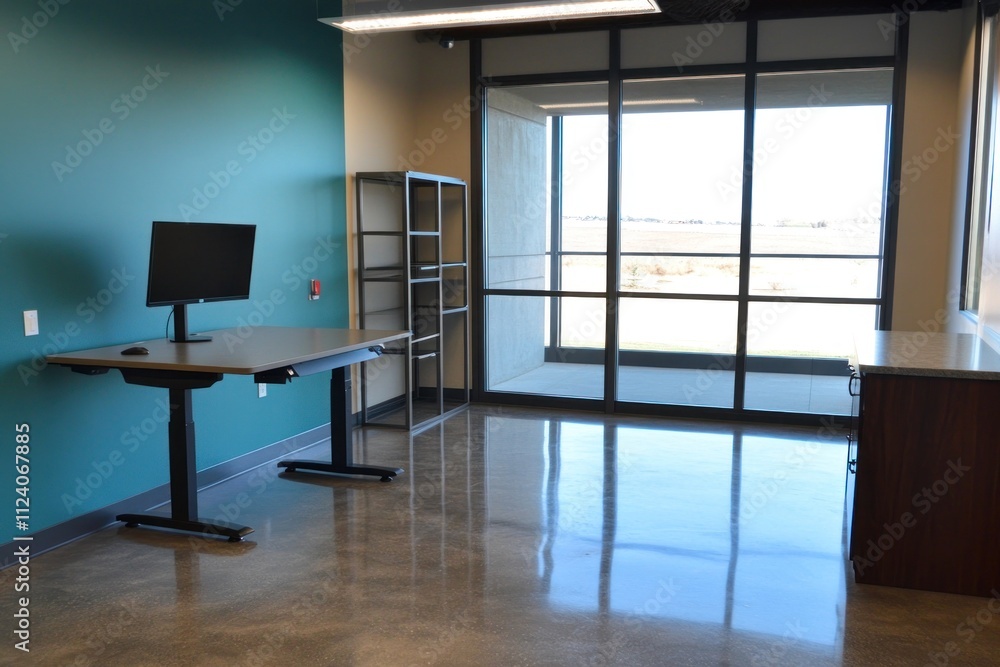 Poster Modern office space with a standing desk and large windows.