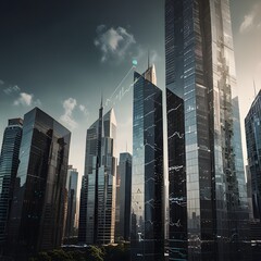 Obraz premium Neon-lit skyscrapers pierce the twilight sky in a bustling metropolis