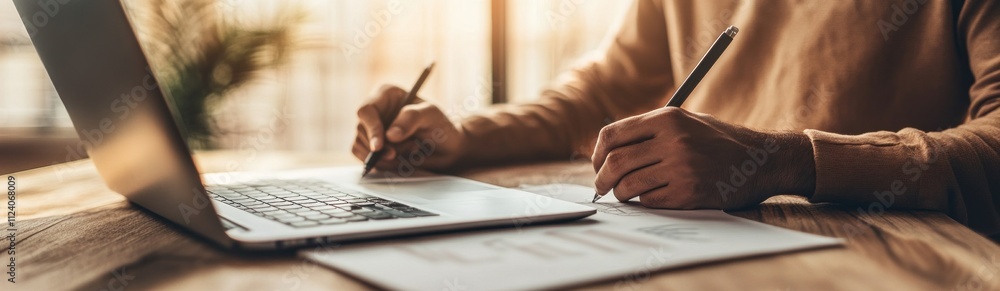 Aufkleber a person working on a laptop while taking notes on paper, reflecting productivity and focus.