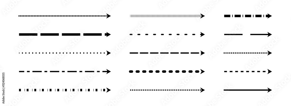 Poster straight thin dash arrows collection. black long dotted arrow set. linear dashed stripe elements bun
