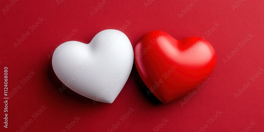 Poster white and red heart shaped objects on a vibrant red background