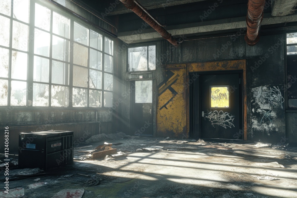 Poster an abandoned industrial space with sunlight filtering through dirty windows.
