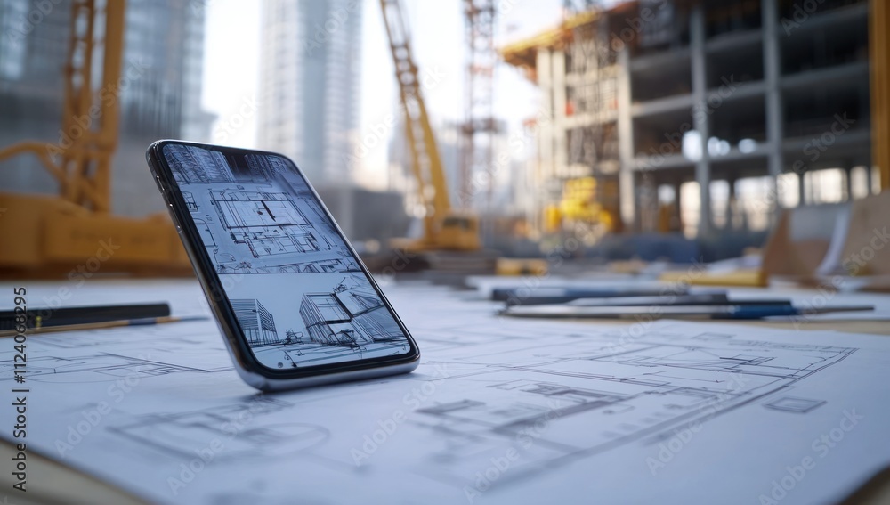 Aufkleber A smartphone displays blueprints on a construction site with plans and tools around.