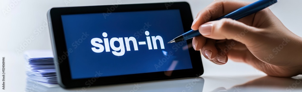 Poster A hand using a pen to sign in on a digital tablet displaying the word 