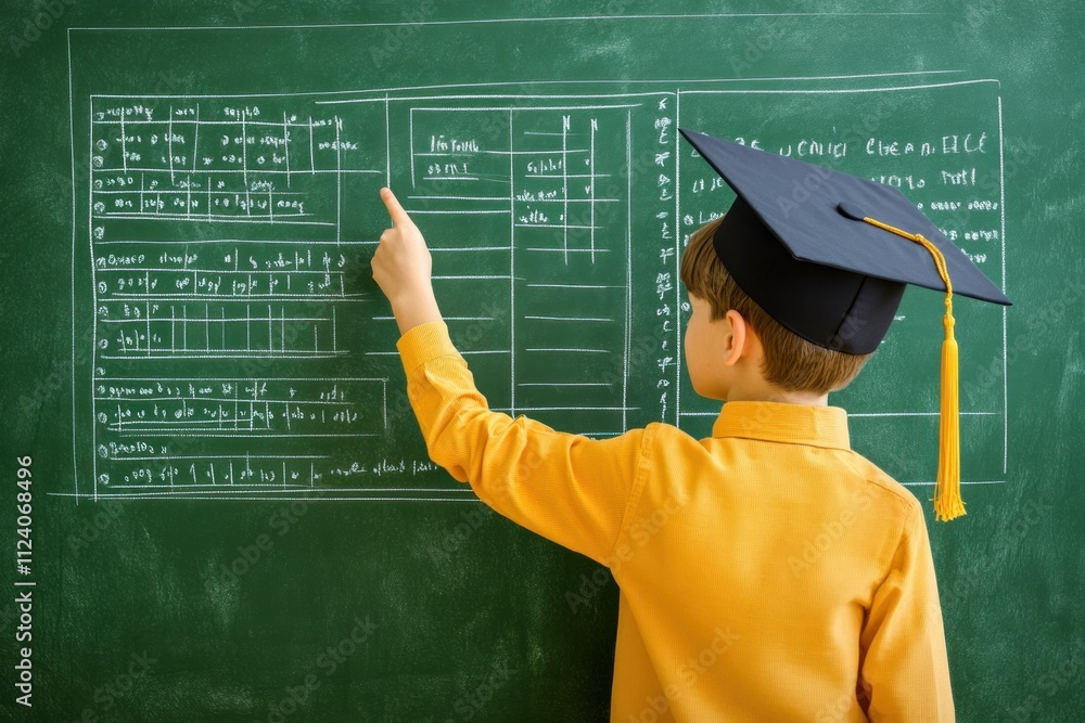 Aufkleber a child in a graduation cap points at a chalkboard filled with notes and charts.