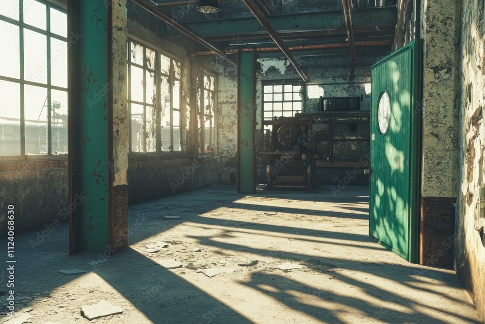 Aufkleber an abandoned industrial space with sunlight casting shadows through large windows.