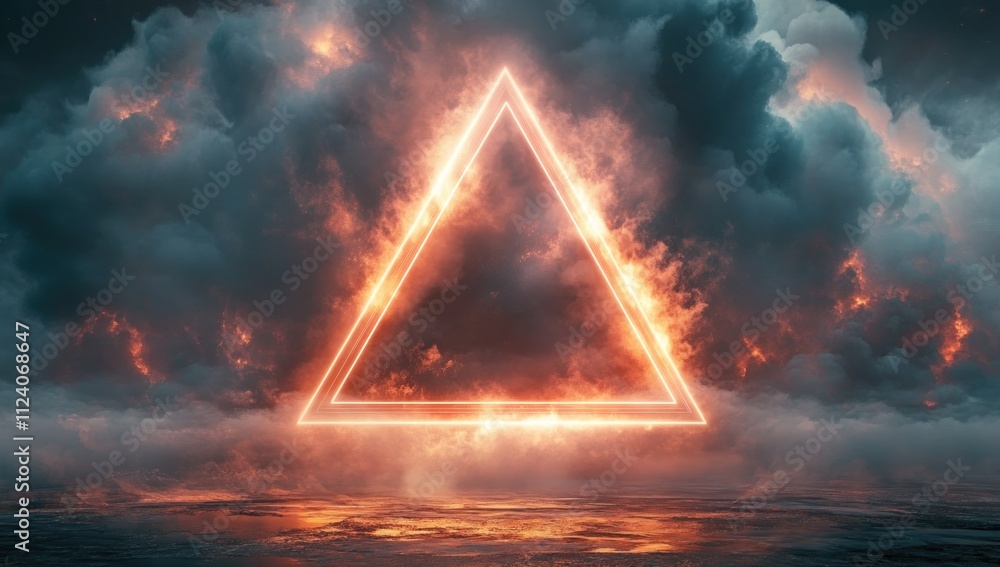 Poster a glowing triangle amidst dramatic clouds and atmospheric effects.