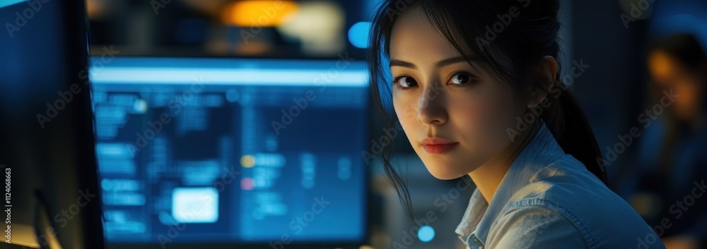 Poster A focused individual working at a computer in a dimly lit environment.