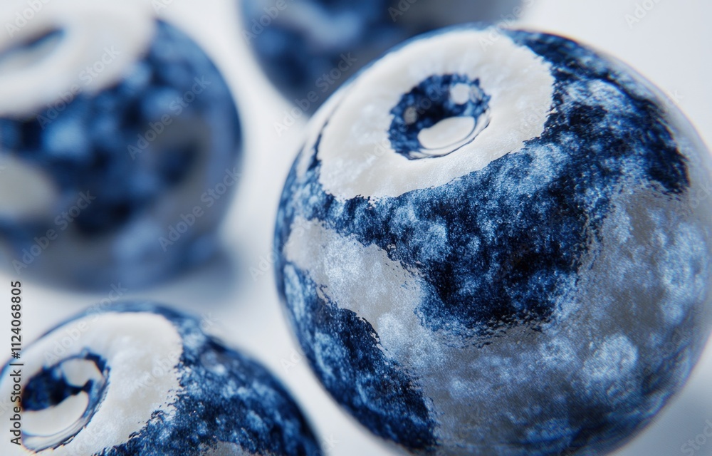 Poster Close-up of spherical objects with blue and white patterns, resembling decorative items.
