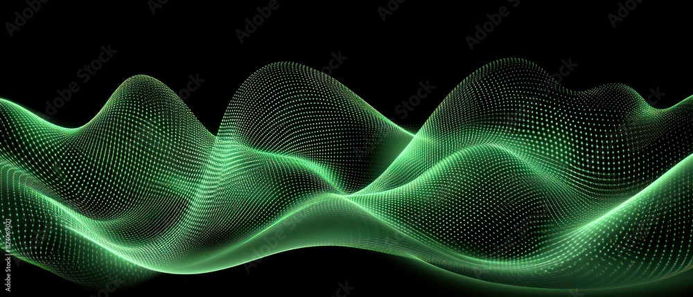 Leinwandbilder Abstract green wave pattern with a digital, flowing design on a black background.