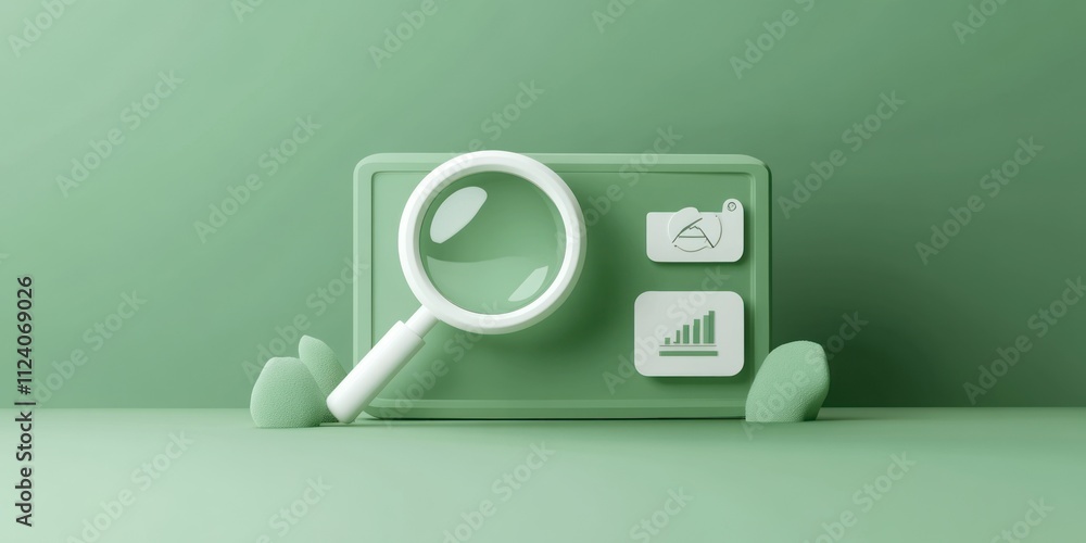 Poster A minimalist design featuring a magnifying glass and icons on a green background.