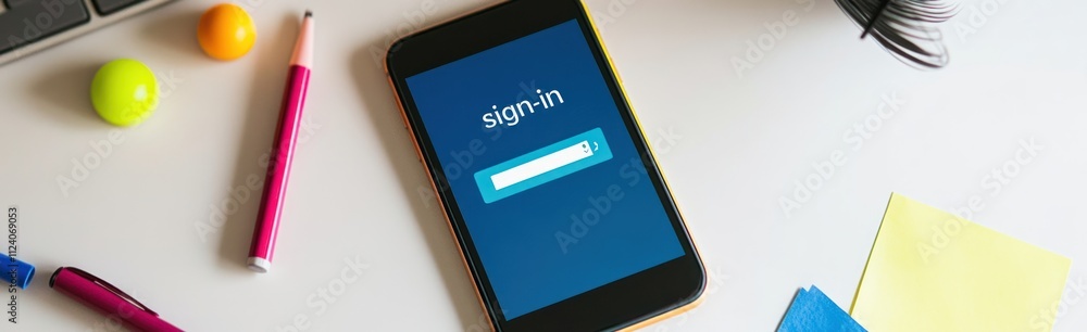 Poster a smartphone displaying a sign-in screen, surrounded by colorful stationery and a laptop.