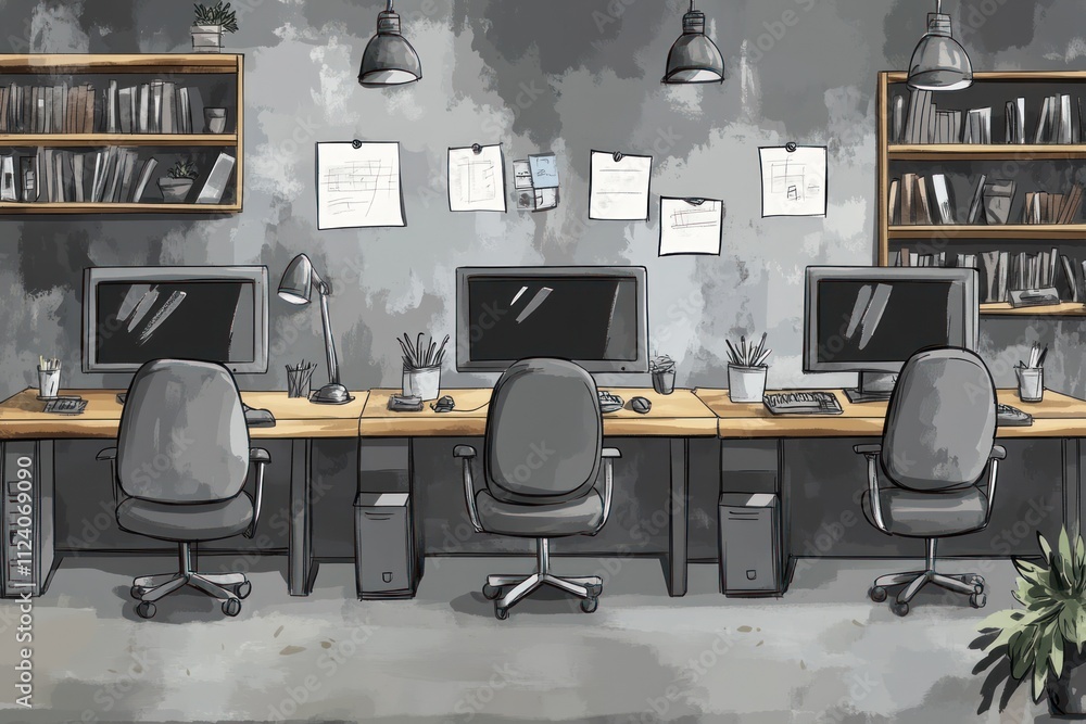 Poster a modern office space with three computer desks and organized shelves.