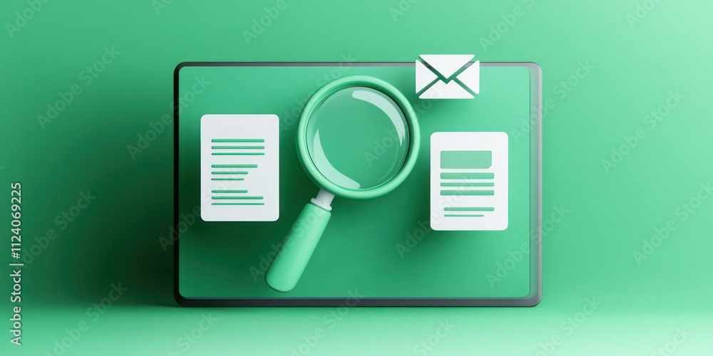 Poster a digital workspace featuring a magnifying glass, documents, and an email icon on a green background