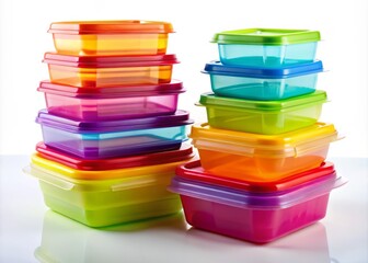 Stack of Colorful Plastic Food Containers Isolated on White Background for Kitchen Organization and Storage Solutions, Ideal for Meal Prep and Food Preservation
