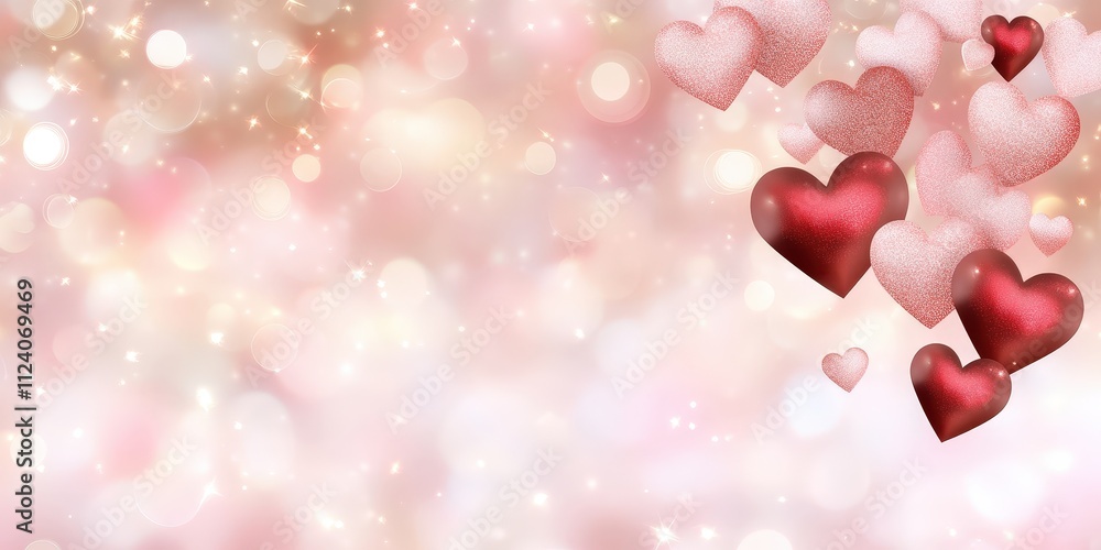 Poster beautiful floating hearts on soft pink background with bokeh effect