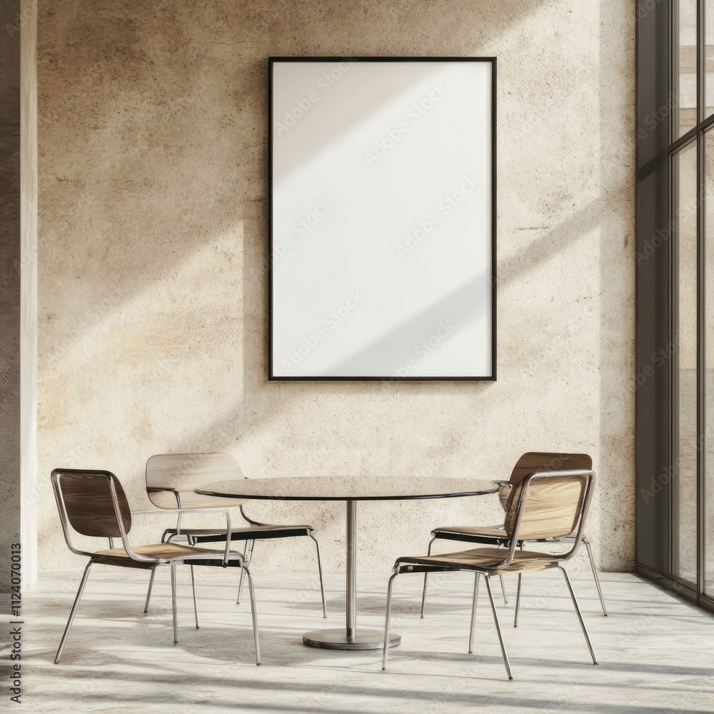 Poster a minimalist meeting space featuring a round table and four chairs with a blank wall for artwork.