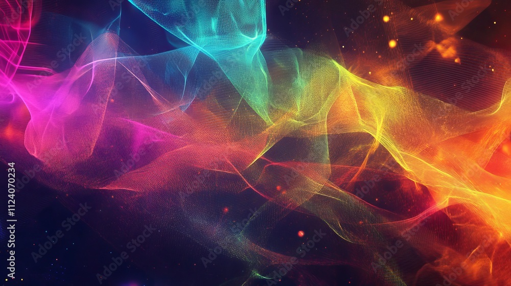 Poster colorful geometric shapes forming a vibrant layered background, accented by intricate net patterns c