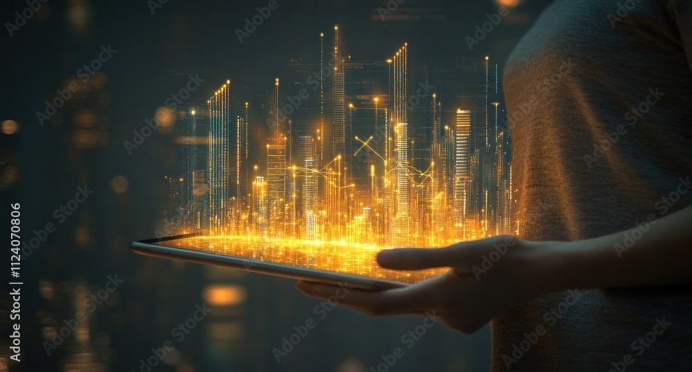 Poster a person holds a tablet displaying glowing, futuristic cityscape data visualization.