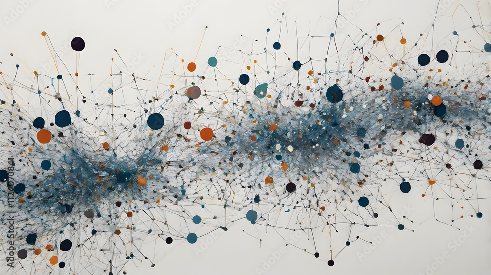 Poster abstract network stream: teal, orange, and black dots connect in a dynamic, flowing pattern, creatin