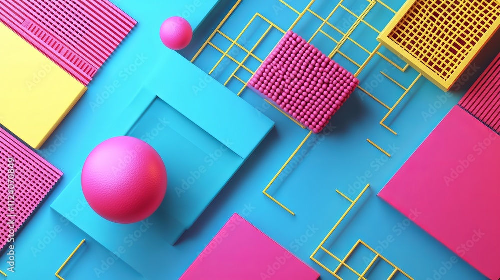 Poster colorful geometric shapes forming a vibrant layered background, accented by intricate net patterns c