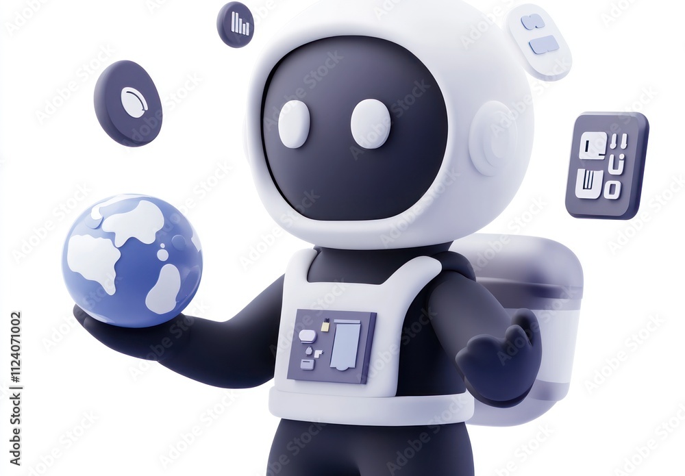 Poster a stylized astronaut holding a globe, surrounded by digital icons representing technology.