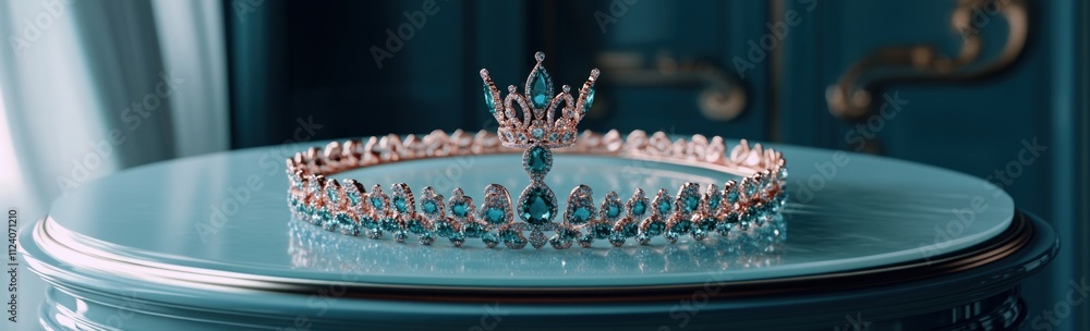 Poster a beautifully crafted tiara with intricate designs and sparkling gemstones on a polished surface.