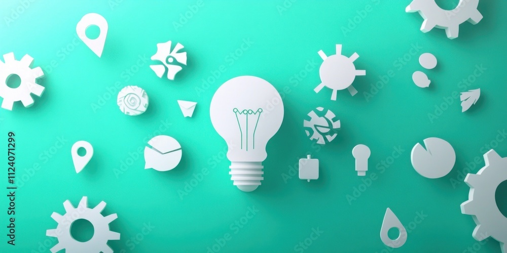 Aufkleber a light bulb surrounded by various icons representing ideas and innovation.