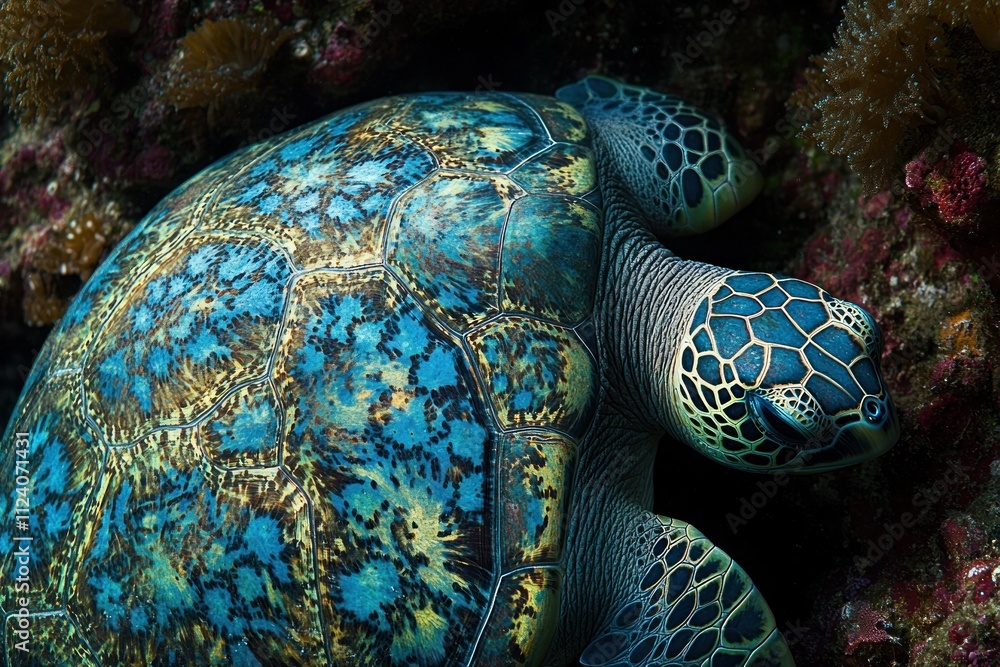 Poster a vibrant close-up of a sea turtle showcasing its intricate shell patterns underwater.