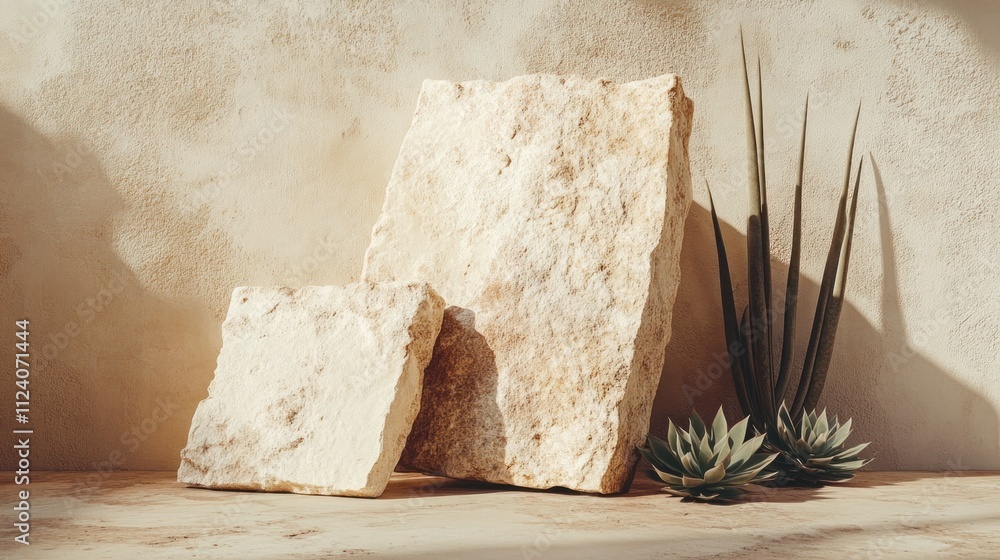 Poster A minimalist display of textured stones and succulents against a soft background.