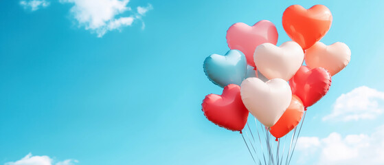 Celebrating love with heart balloons in clear blue sky atmosphere