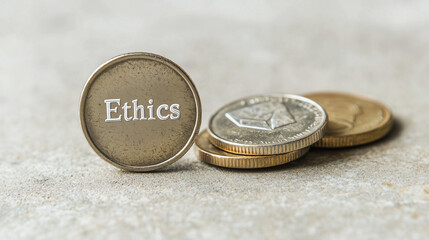 Ethics Coin: A silver coin with the word "Ethics" inscribed on it rests among other coins, symbolizing the importance of integrity and moral values in finance, business, and personal life.  