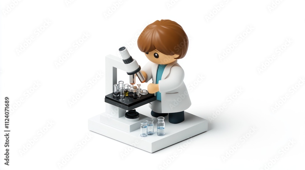 Fototapete a scientist in a lab coat examines samples under a microscope at a laboratory setup.