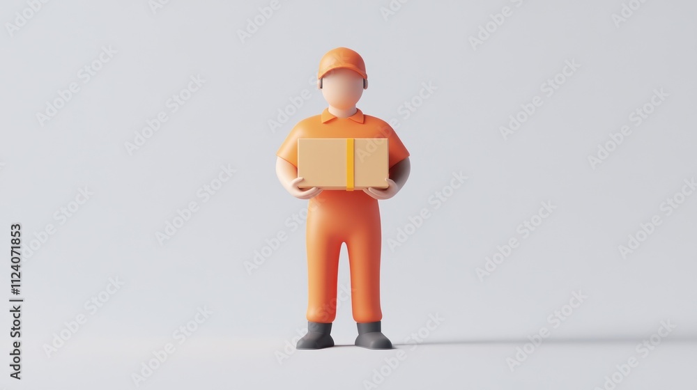 Poster a 3d character in orange uniform holding a package, representing delivery services.