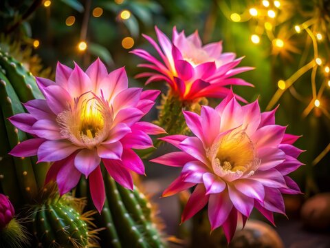 Stunning Low Light Photography of Pink Epiphyllum Cactus Flowers, Showcasing the Beauty of Disocactus ackermannii with Delicate Petals and Soft Illumination