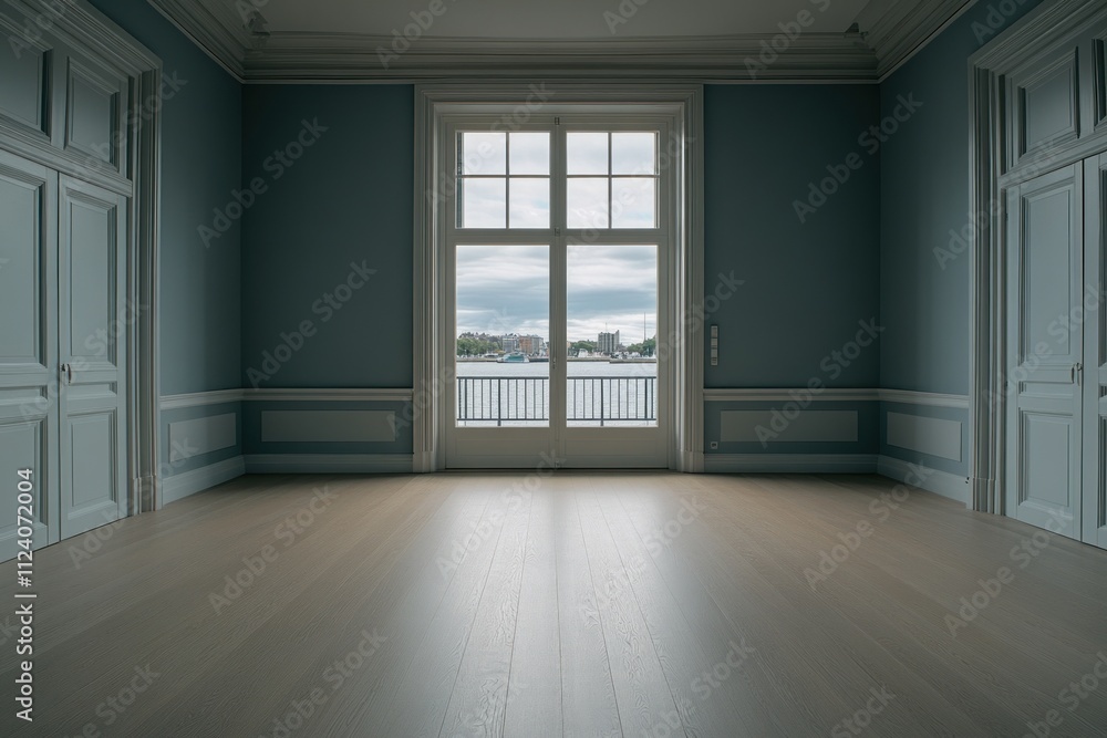 Poster a spacious, empty room with large windows overlooking a body of water.
