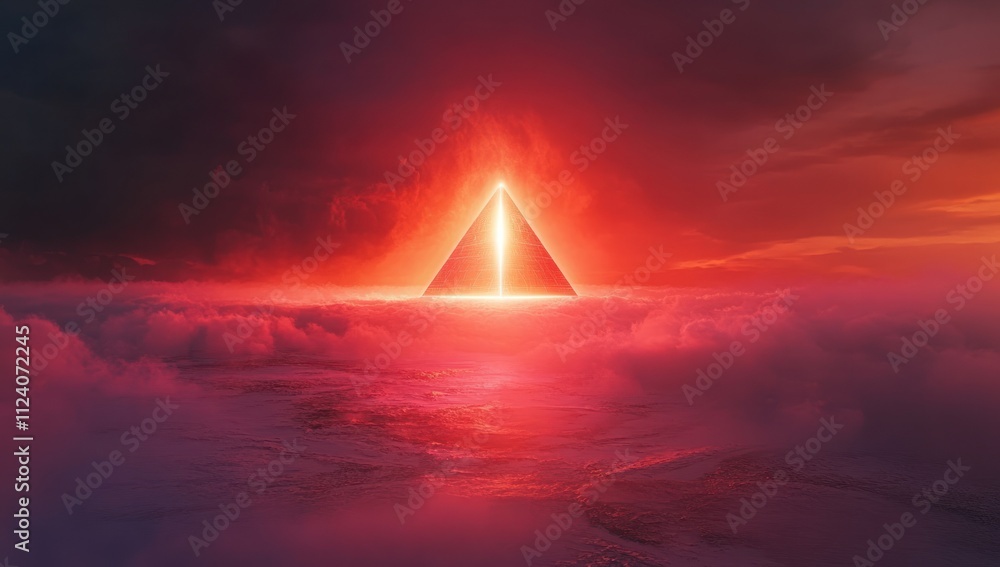 Poster a glowing pyramid emerges from vibrant clouds at sunset, creating a surreal atmosphere.