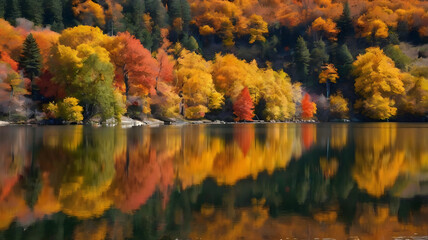 Fototapeta premium Autumnal Reflection: A serene lake mirrors the vibrant hues of an autumnal forest, creating a breathtaking spectacle of nature's artistry. The tranquil scene evokes a sense of peace and wonder. 