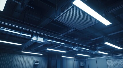 Fototapeta premium Industrial Ceiling with Modern Lighting and Air Ventilation Design