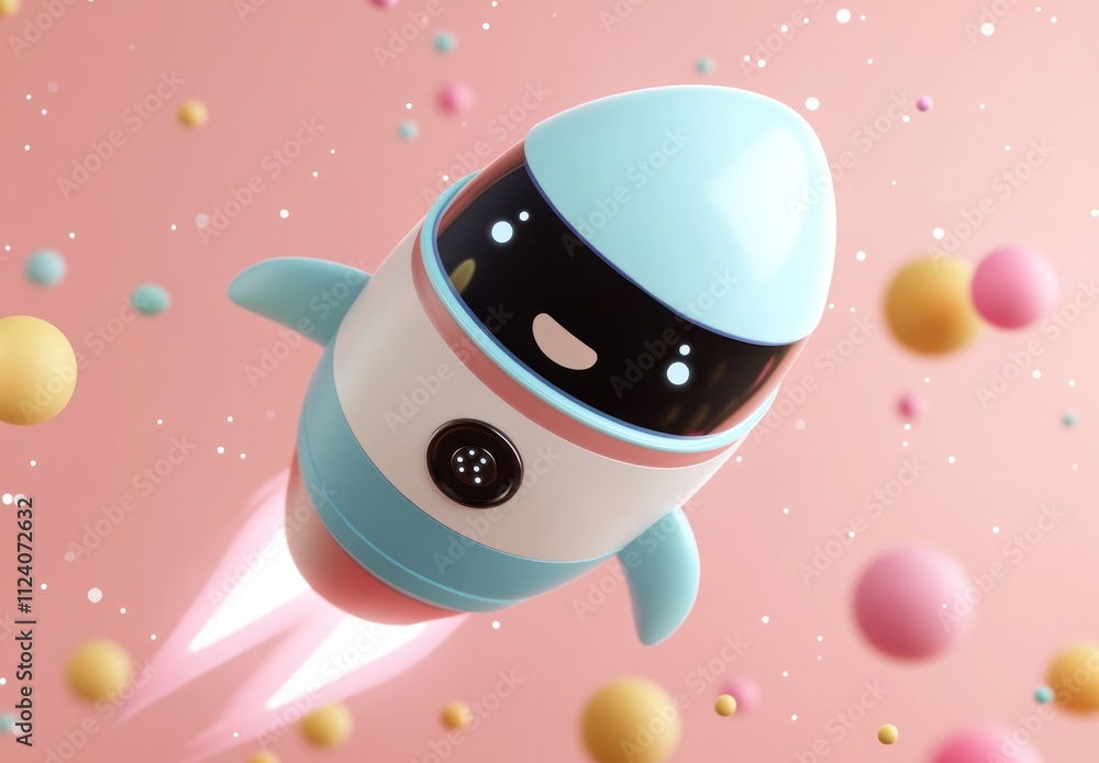 Aufkleber a cute rocket character flying through a colorful space filled with playful spheres.