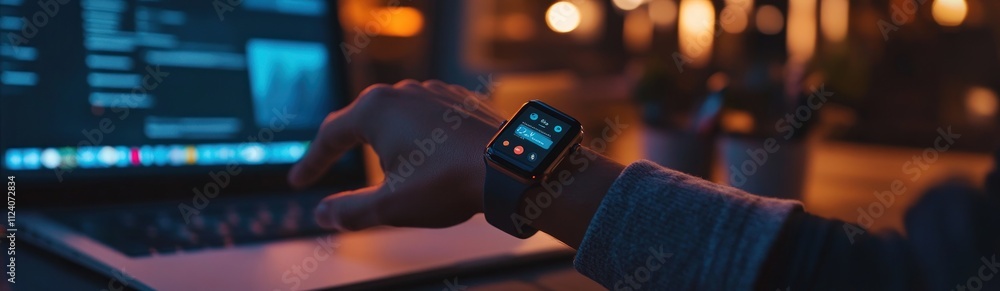 Poster a hand wearing a smartwatch interacts with a laptop in a cozy, illuminated workspace.