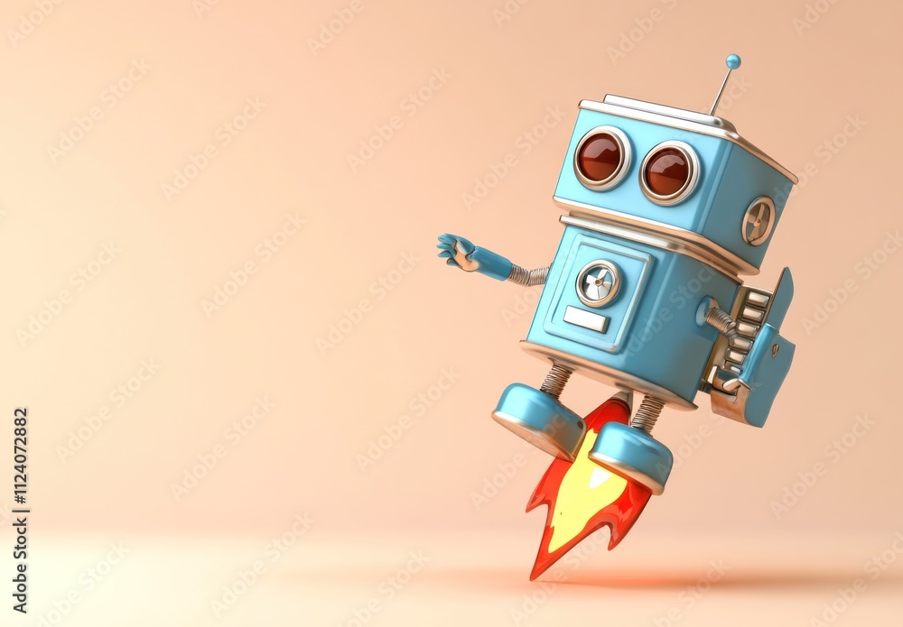 Poster a playful retro robot with rocket boosters, ready for a whimsical adventure.