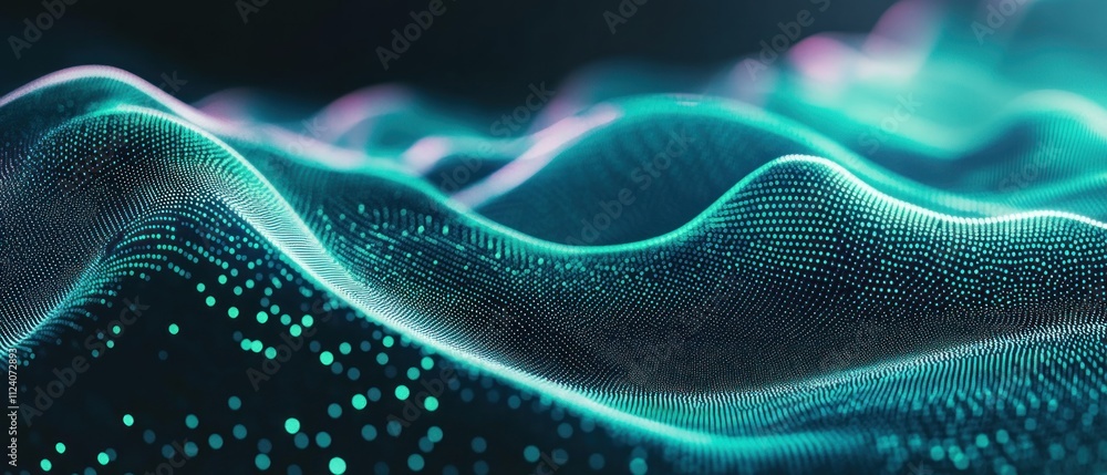 Poster abstract representation of flowing waves with glowing particles, suggesting technology or data.