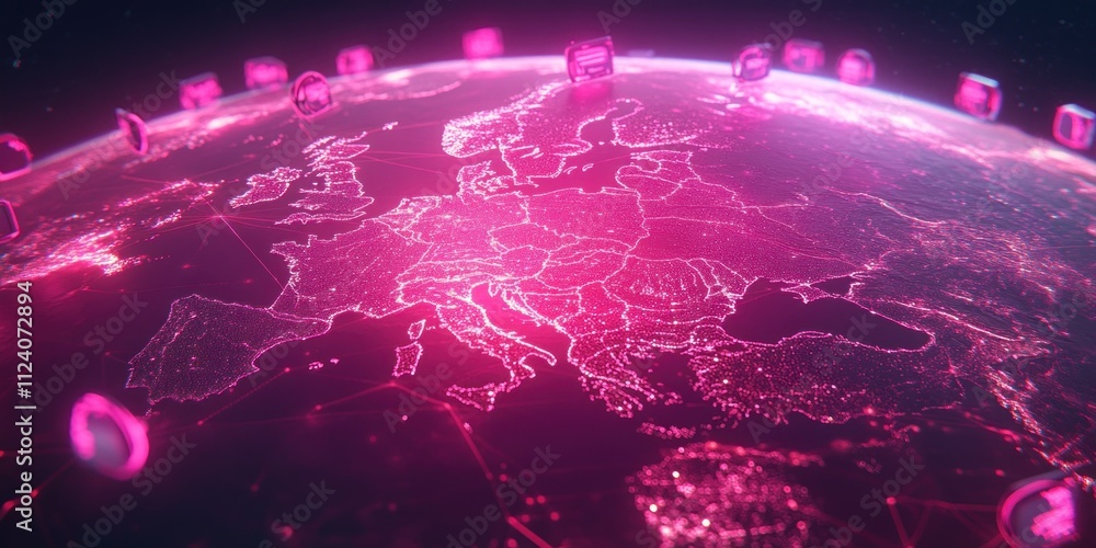 Poster A digital representation of Europe with glowing connections and data points.
