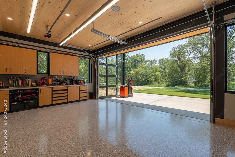 Poster A spacious garage with modern design, featuring storage and an open view of greenery.