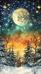 Naklejka premium Enchanting winter scene under a glowing moon