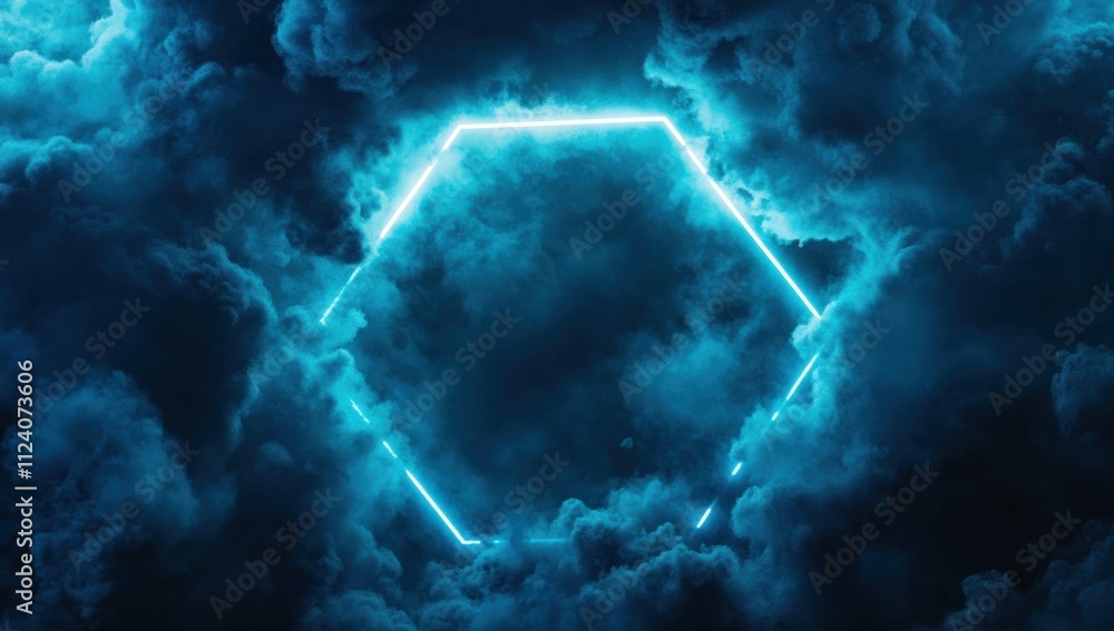 Poster a glowing hexagon framed by swirling blue clouds, creating a futuristic atmosphere.