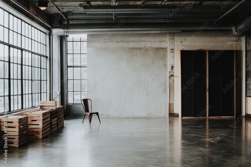 Poster a minimalist interior space featuring a chair and wooden crates, emphasizing simplicity.