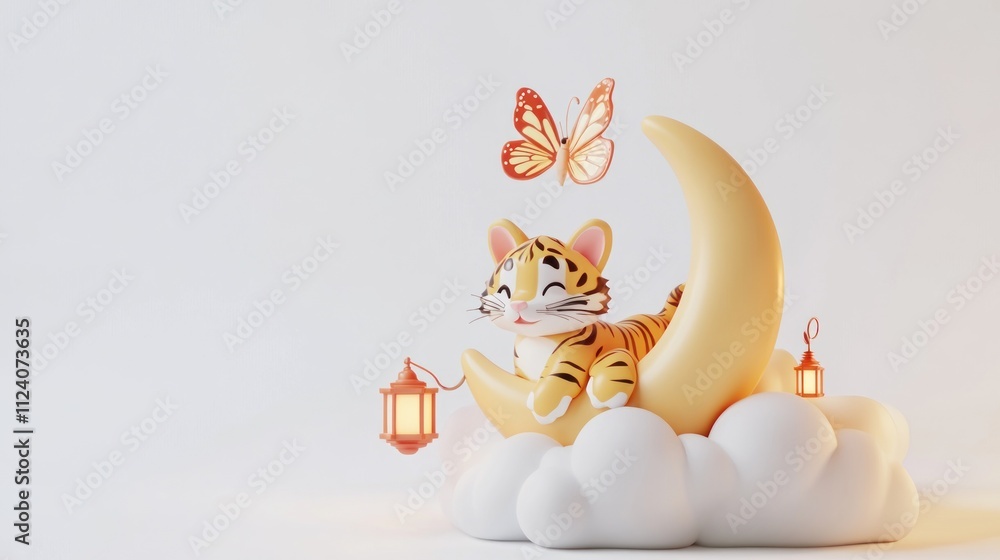 Poster a playful tiger cub sits on a crescent moon surrounded by clouds and butterflies.