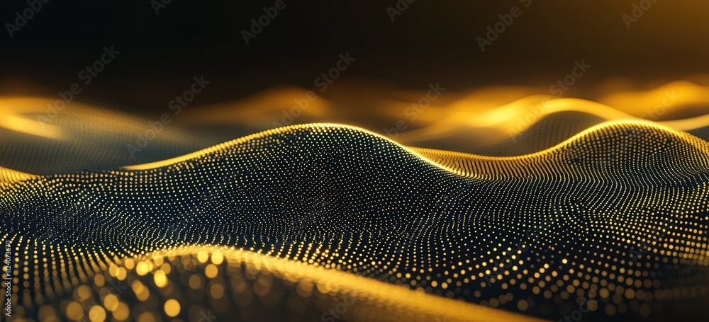 Poster abstract representation of flowing waves with a golden hue and dotted texture.